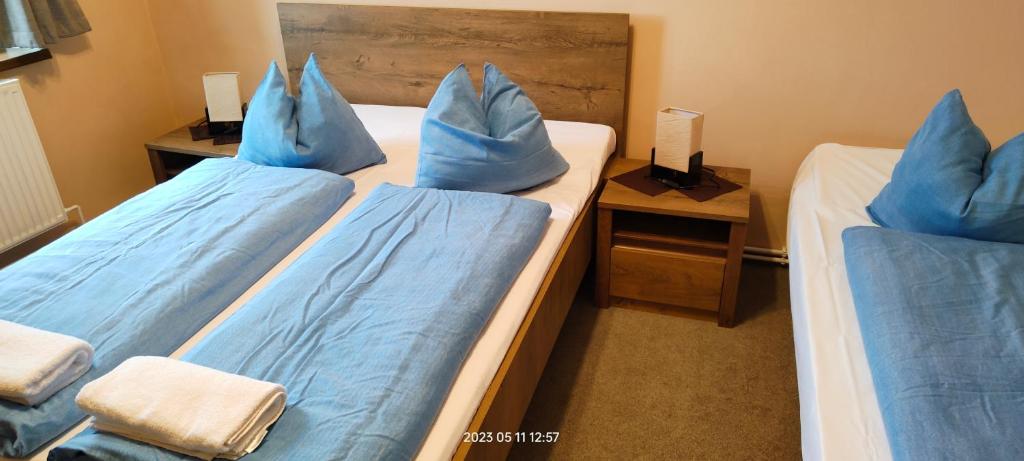 twee bedden in een kamer met blauwe kussens bij motorest U KONĚ in Stein Schönau