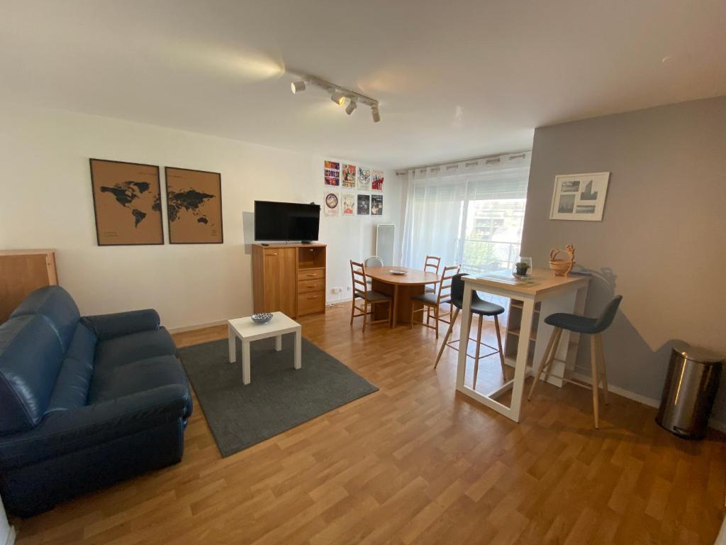 ein Wohnzimmer mit einem Sofa und einem Tisch in der Unterkunft Appart T2 quartier santé et Agro in Rennes
