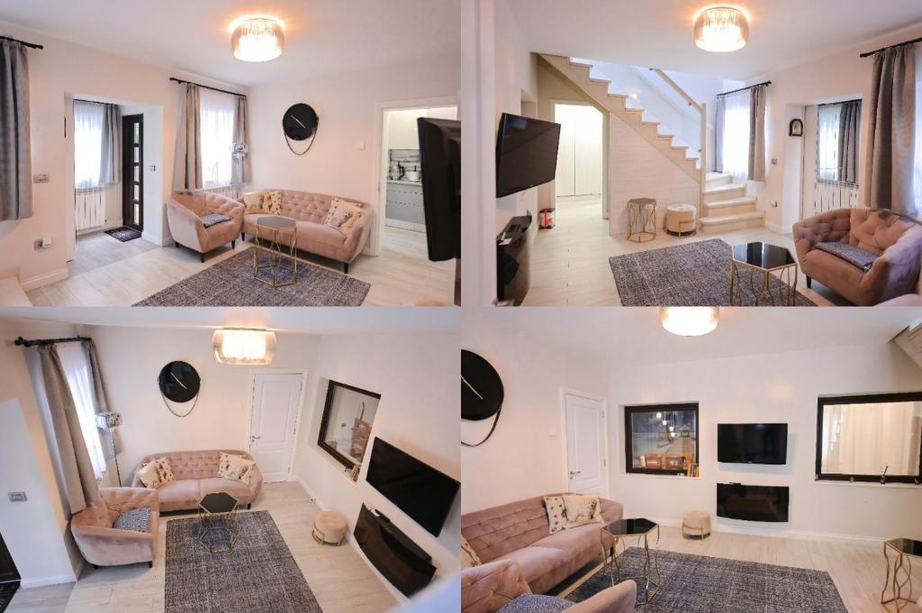 four photos of a living room with a couch and a tv at ASE Premium House in Suceava