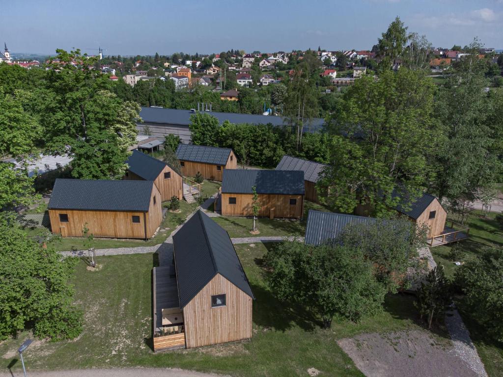 an overhead view of a farm with wooden buildings at PRIMÁTOR CAMPING RESORT LITOMYŠL in Litomyšl