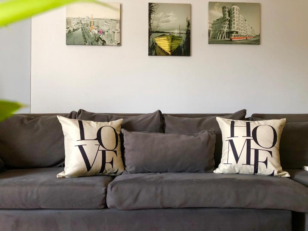 a gray couch with pillows with the words hog me on it at European-Style Luxury Duplex on Maryland Park in Cairo