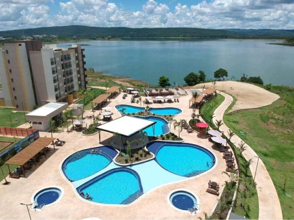 an aerial view of a resort with three pools at Praias do Lago Eco Resort in Caldas Novas