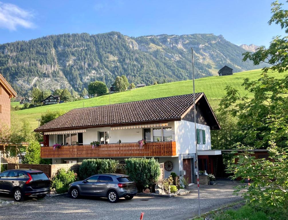 a house with two cars parked in front of it at Ferienwohnung Haus am Bach in Toggenburg in Wildhaus