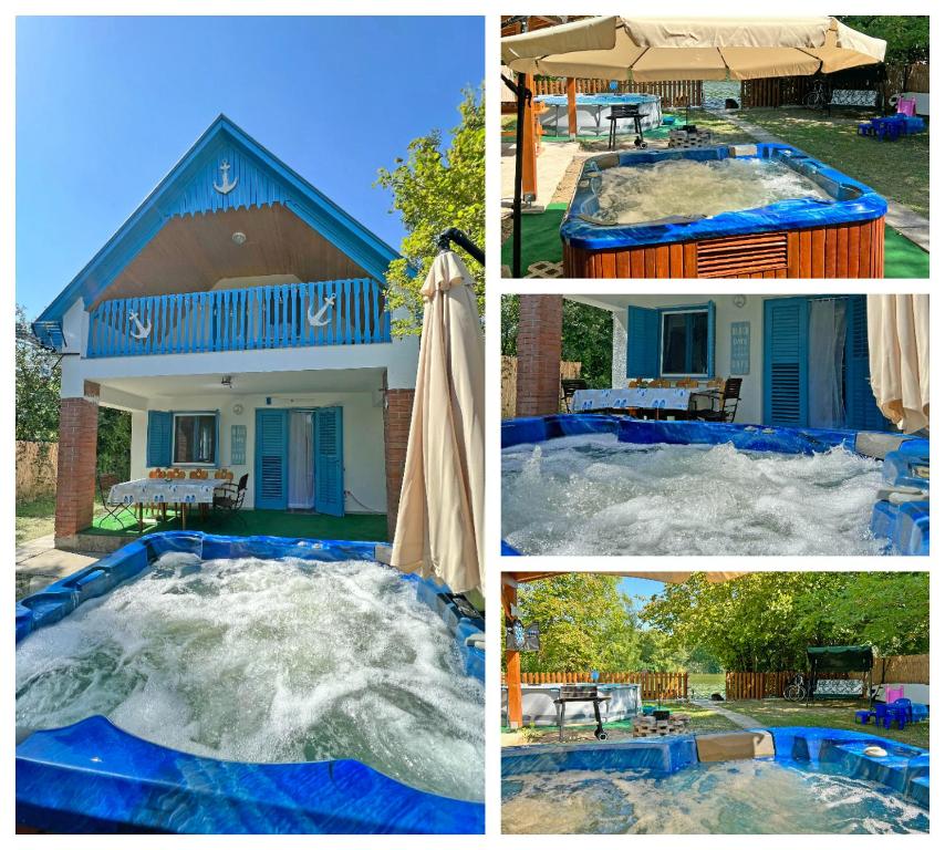 un grupo de cuatro fotos de una casa y una piscina en Villa Popeye Jakuzzis nyaralóház, en Békésszentandrás