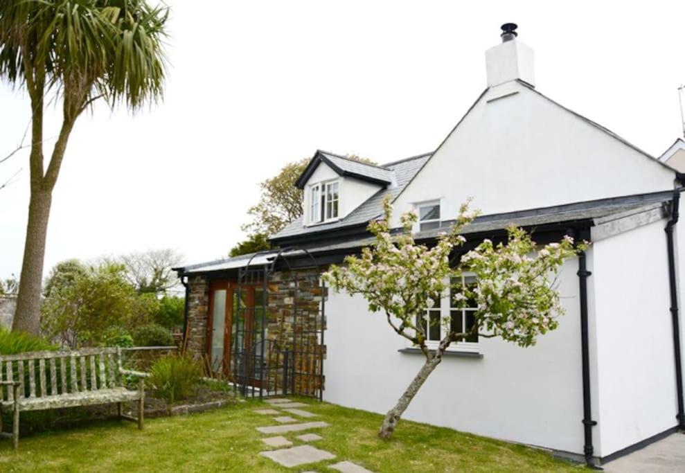 a white house with a bench and a tree at Spring Cottage,Gorgeous and Hi-spec in Kilkhampton