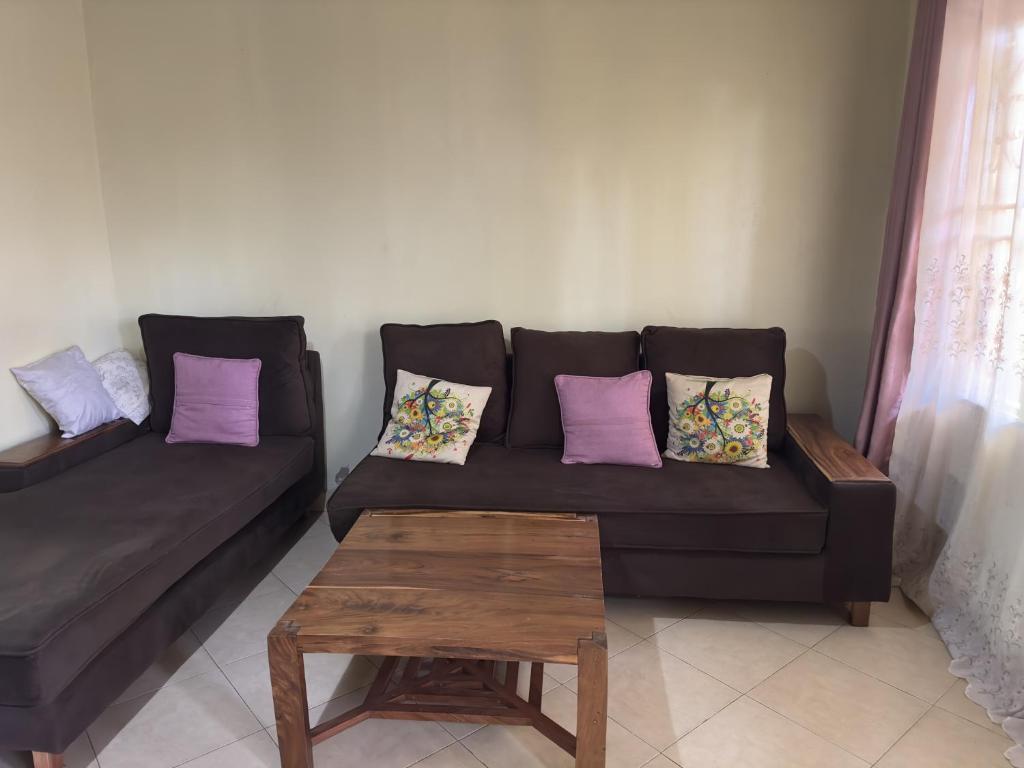 sala de estar con sofá negro y almohadas moradas en Olive Palm Suites Jinja, en Jinja