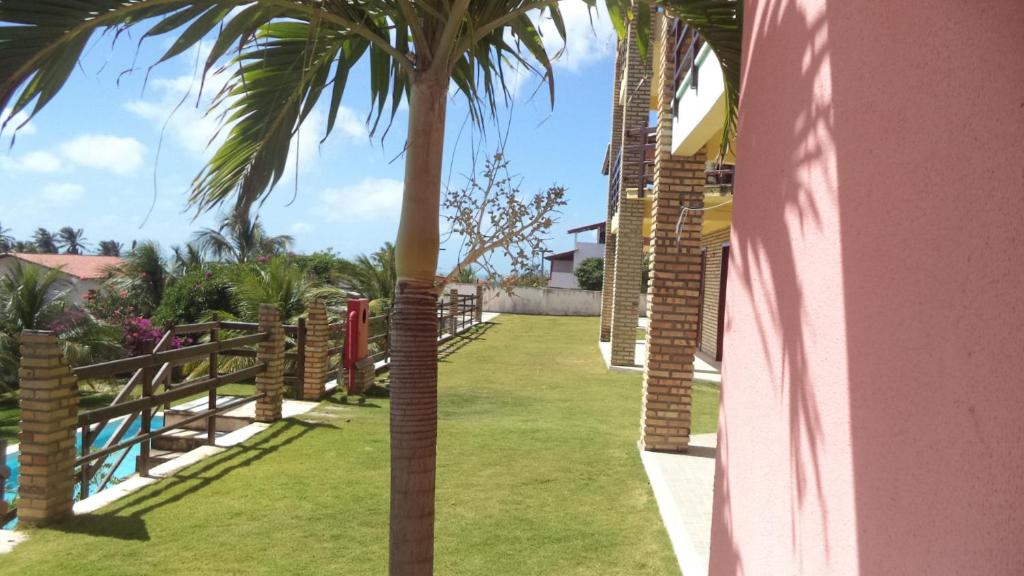 a palm tree in a yard next to a house at Zago Apartamento Temporada Vista Mar in Aquiraz