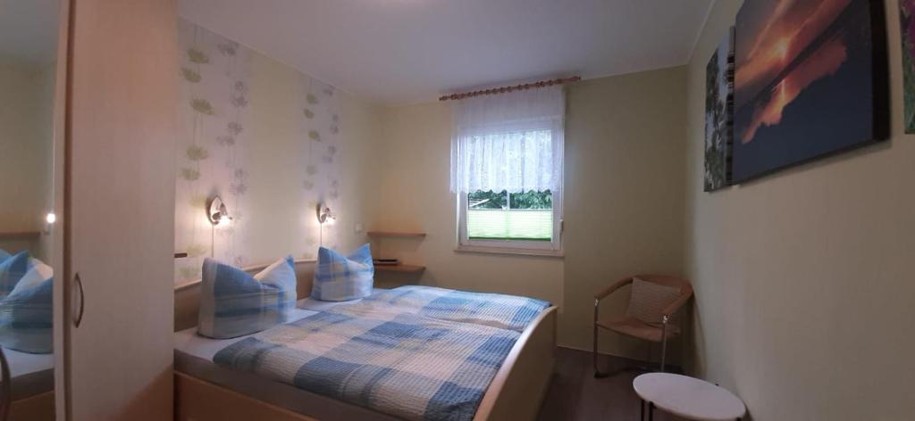 ein Schlafzimmer mit einem Bett mit blauen Kissen und einem Fenster in der Unterkunft Ferienwohnung Feldberger Seen in Feldberg