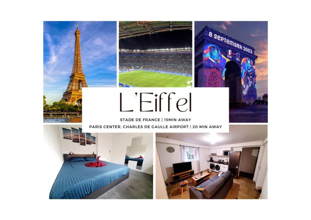 een collage van foto's met de eiffeltoren bij L'Eiffel - Self Checking, 20min from Paris in Drancy