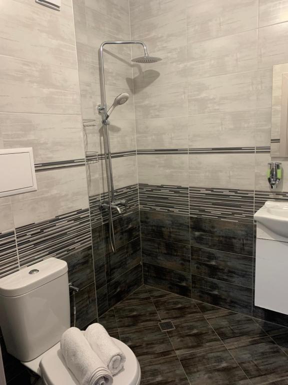 a bathroom with a shower and a toilet and a sink at City Residence Apartments Sofia in Sofia