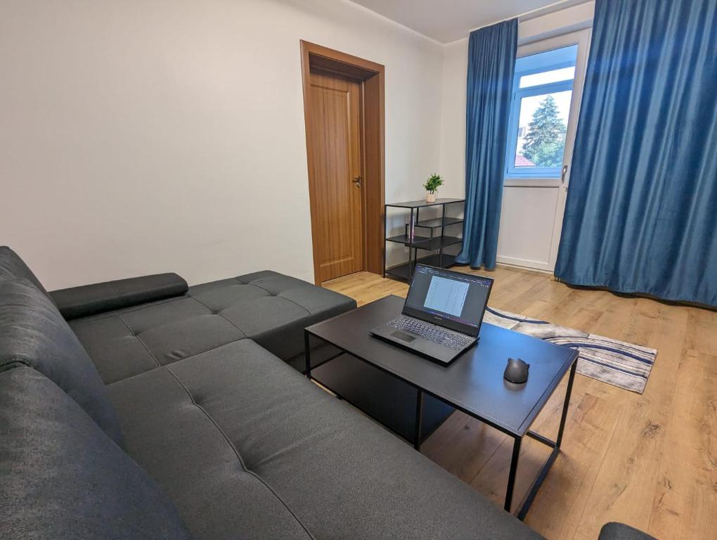 a living room with a couch and a laptop on a table at Cozy Modern Apartment Km 0 Craiova in Craiova