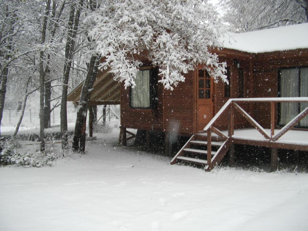 a cabin in the snow in the woods at Cabanas Roble Quemado in Las Trancas