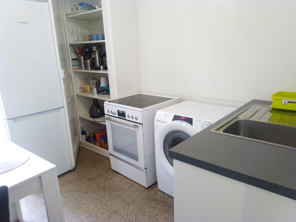 uma cozinha com uma máquina de lavar roupa e um lavatório em Charming flat center and near the lake em Genebra