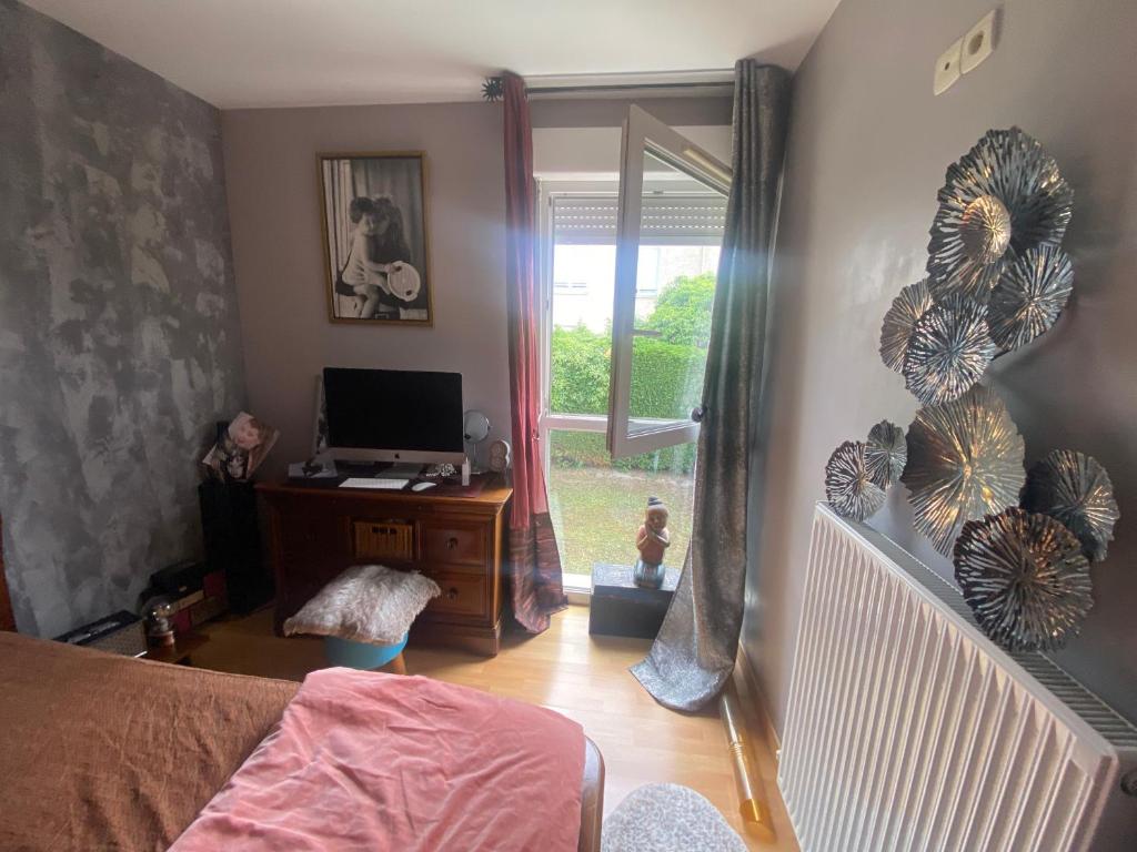 a bedroom with a bed and a television and a window at Agréables chambres dans maison suspendue in Saint-Étienne