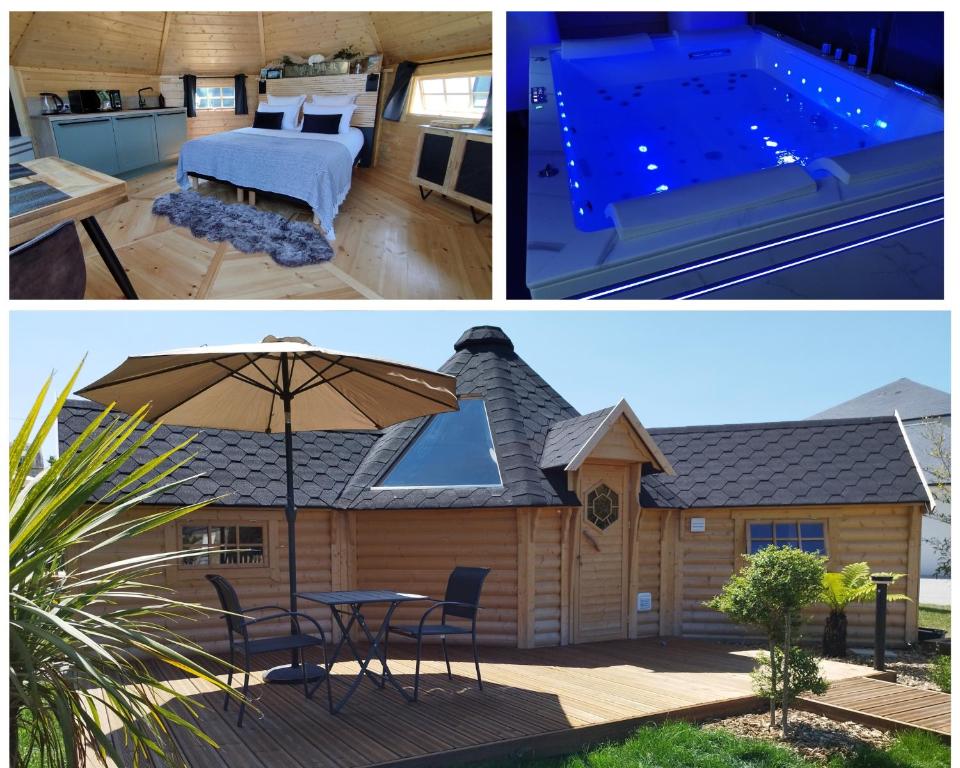 deux photos d'une petite maison avec piscine dans l'établissement Cottage climatisé avec baignoire SPA 2 personnes, à Avranches