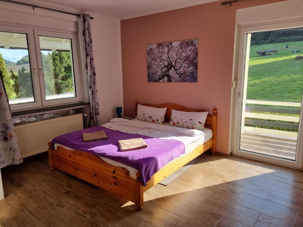 a bedroom with a bed with purple sheets and windows at Gästehaus Schönstein in Gilserberg