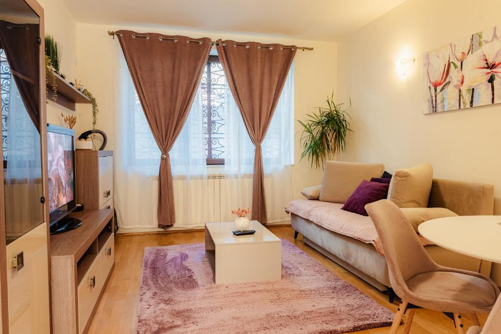 a living room with a couch and a tv at Free parking Downtown Apartment Boutique Green Garden Unirii in Bucharest