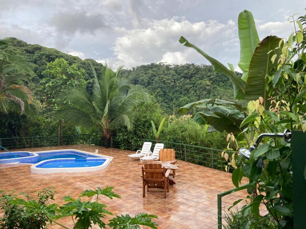 eine Terrasse mit einem Pool, Stühlen und Bäumen in der Unterkunft Pura Natura Lodge Arroyo in Sábalo