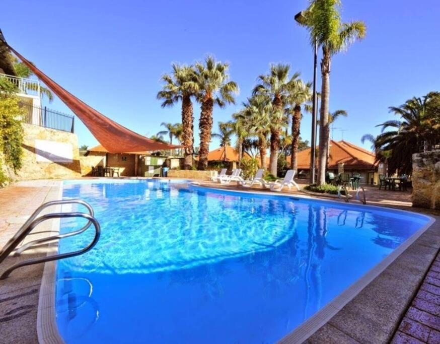 a large blue swimming pool with palm trees at Villa 2 Pool Spa Beach Sea! in Mandurah
