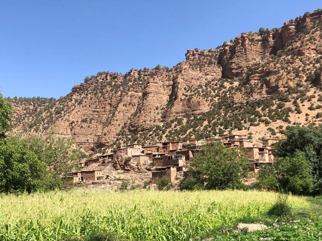 a mountain with a group of houses in a field at Gite Ifoulou Tassaout in Ifoulou