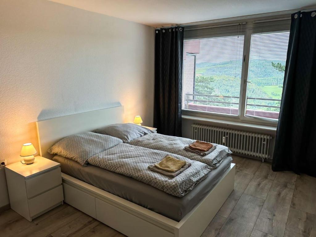 a bedroom with a bed and a large window at A703, schöne und große Ferienwohnung in Lahnstein