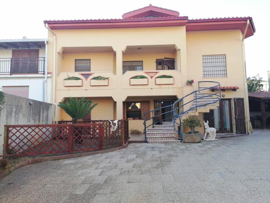 a white dog sitting in front of a house at Villa Simone (Cagliari, Escalaplano, Sardegna) 