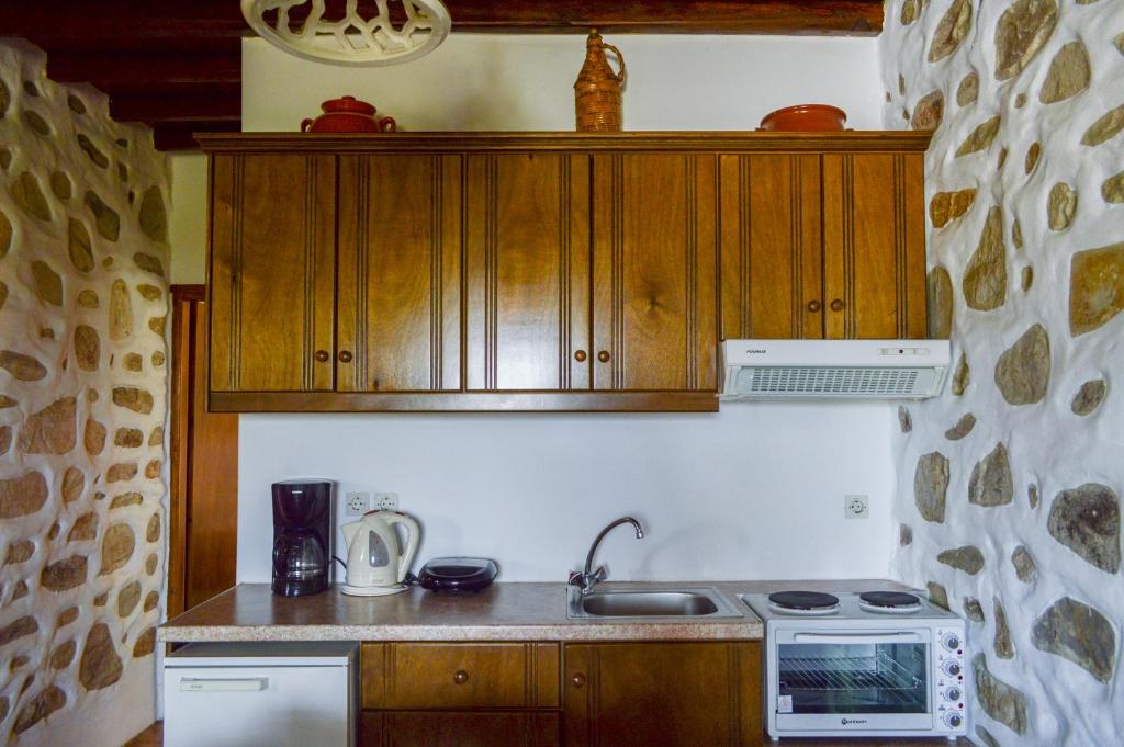 a kitchen with wooden cabinets and a sink and a microwave at Villa Peristeri in Agios Georgios