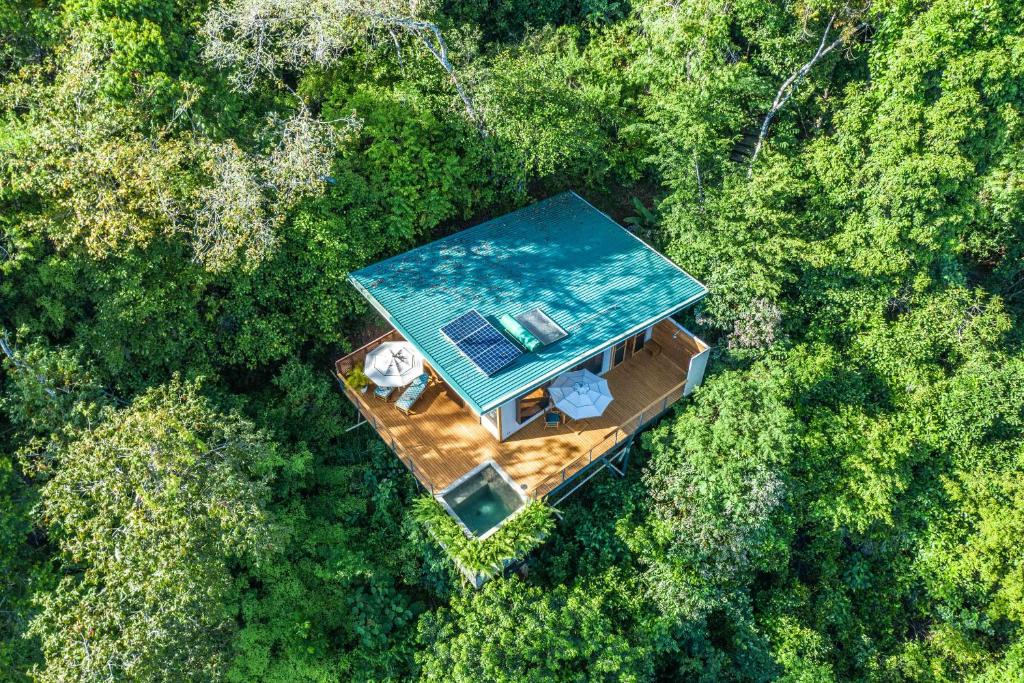 an overhead view of a house in the middle of a forest at El Remanso Rainforest Lodge in Puerto Jiménez