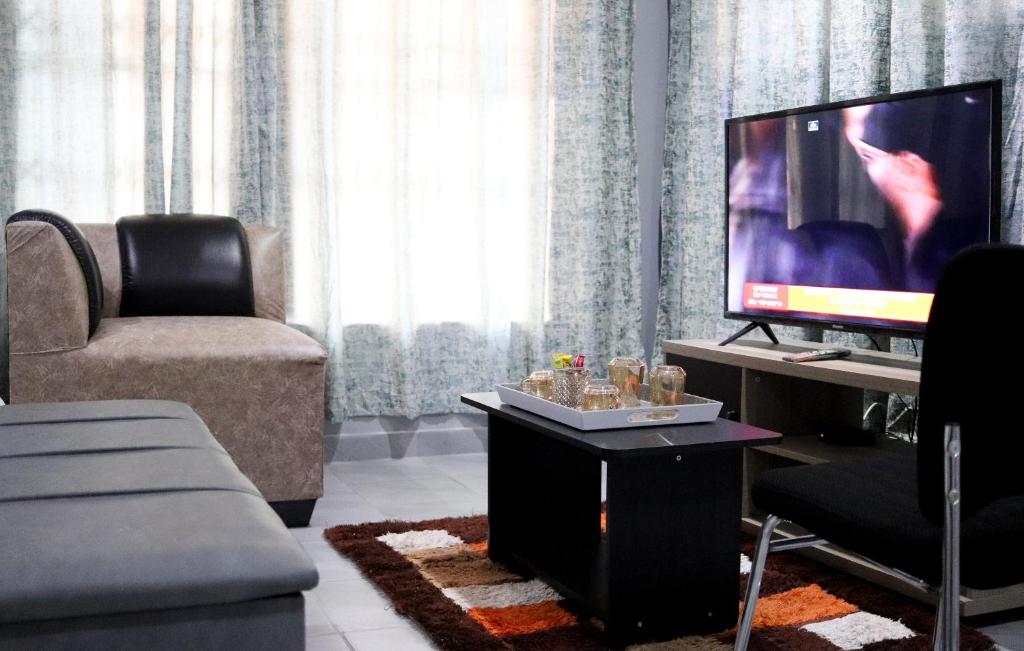 a living room with a tv and a couch and a chair at De Ellas Boutique Lodge in Polokwane