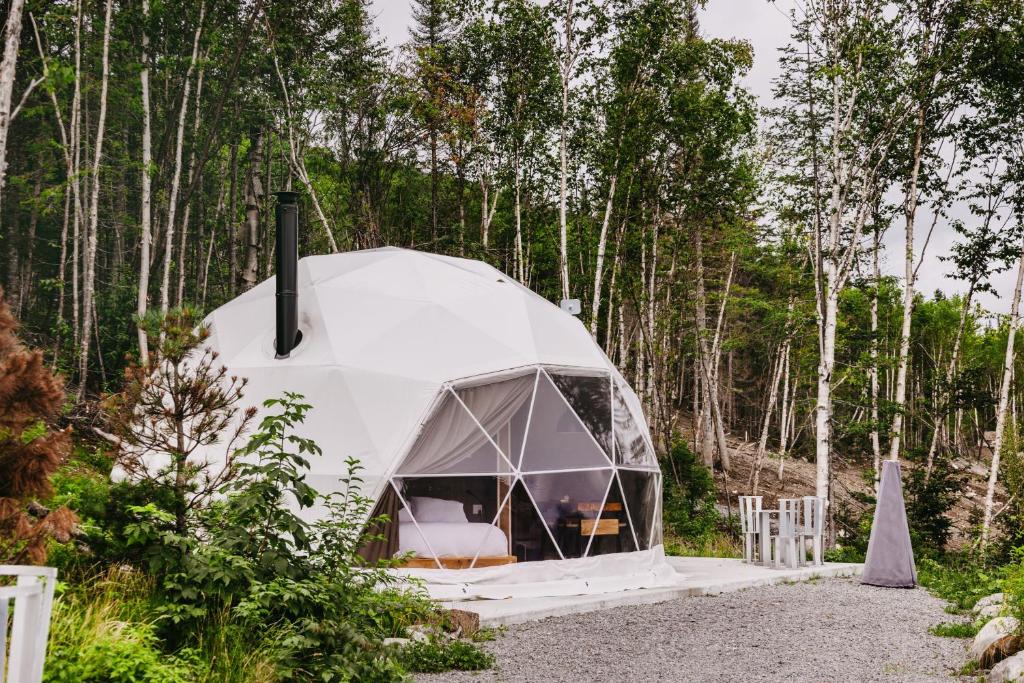 uma grande tenda de cúpula branca numa floresta em Les diamants de l'éternel em Saint-David-de-Falardeau