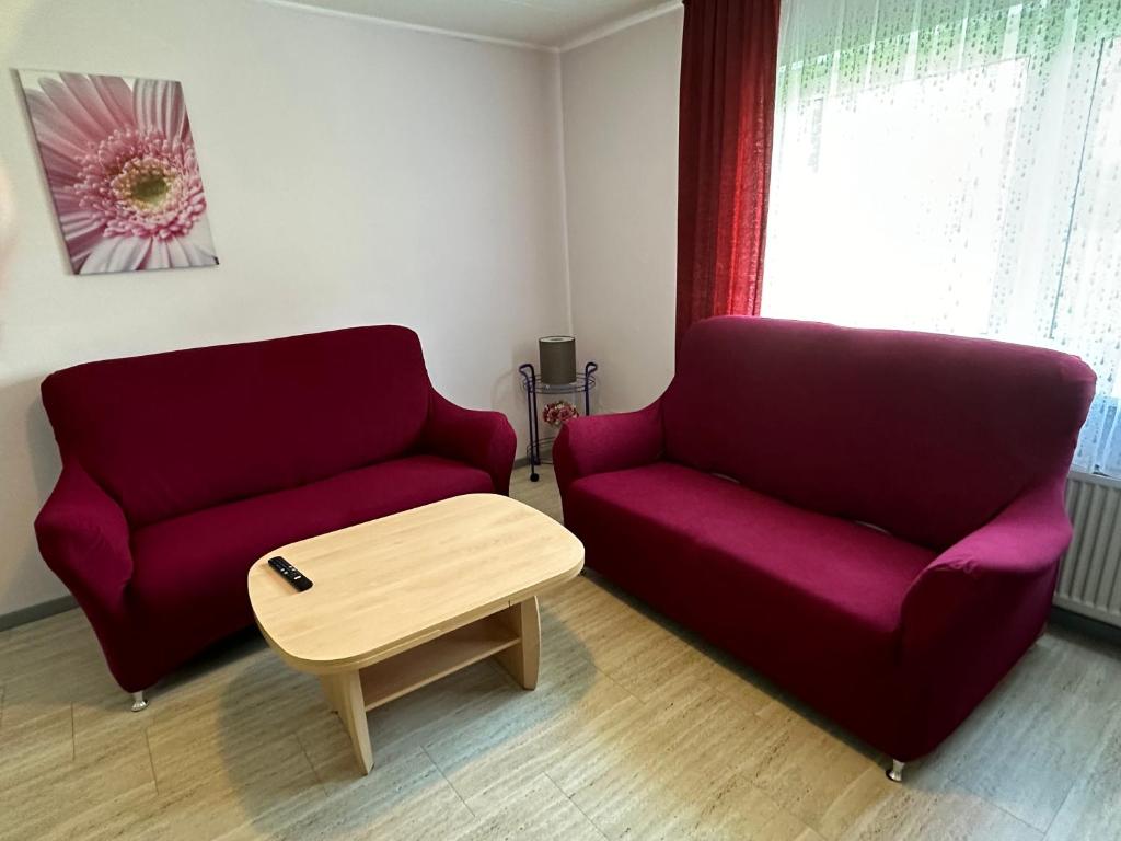 ein Wohnzimmer mit einem roten Sofa und einem Couchtisch in der Unterkunft Suite Elisabeth in Wetzlar