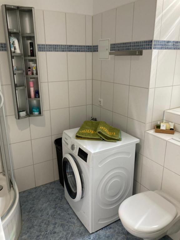 a washing machine in a bathroom with a toilet at Premium City Apartment Dresden in Dresden