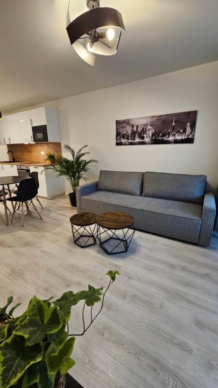 ein Wohnzimmer mit einem blauen Sofa und einem Tisch in der Unterkunft 2 room Apartment with terrace, 2AK in Bratislava