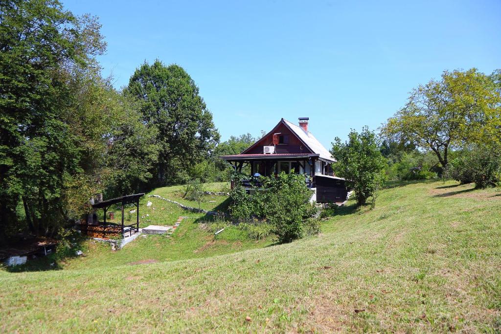 a small house on a hill in a field at Family friendly house with a parking space Zdihovo, Gorski kotar - 20491 in Bosiljevo