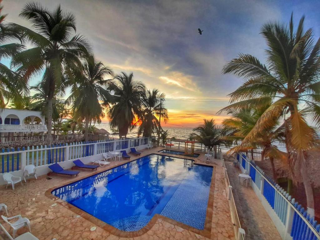 a resort swimming pool with palm trees and the ocean at Hotel Playarena in Coveñas