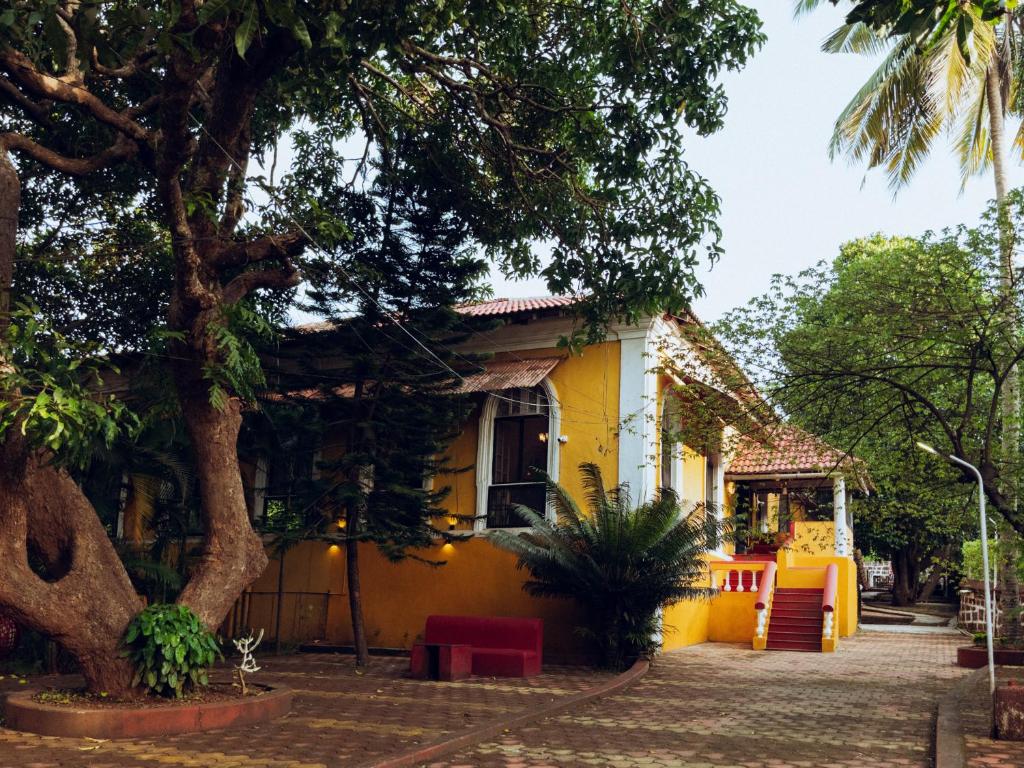 Una casa amarilla con un árbol delante. en Casa Do Leão A 150 year Old Portuguese Home en Nerul
