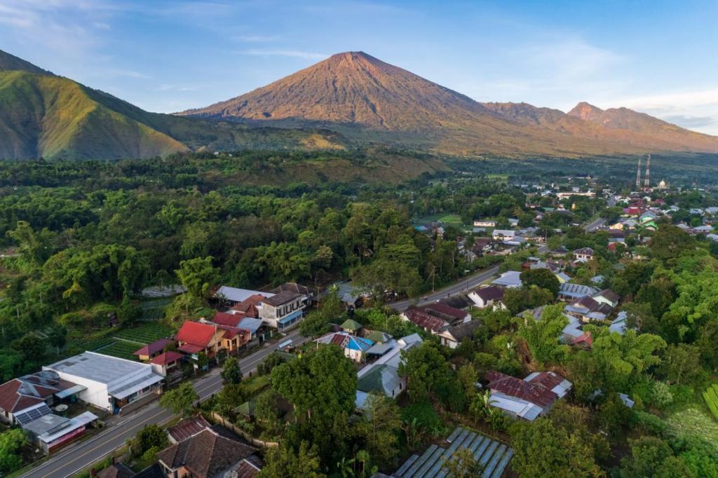 Vue aérienne d'une ville avec une montagne en arrière-plan dans l'établissement Tresno Sembalun, à Sembalun Lawang