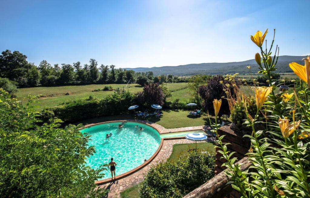 an overhead view of a swimming pool in a field at Agriturismo La Selva in Siena