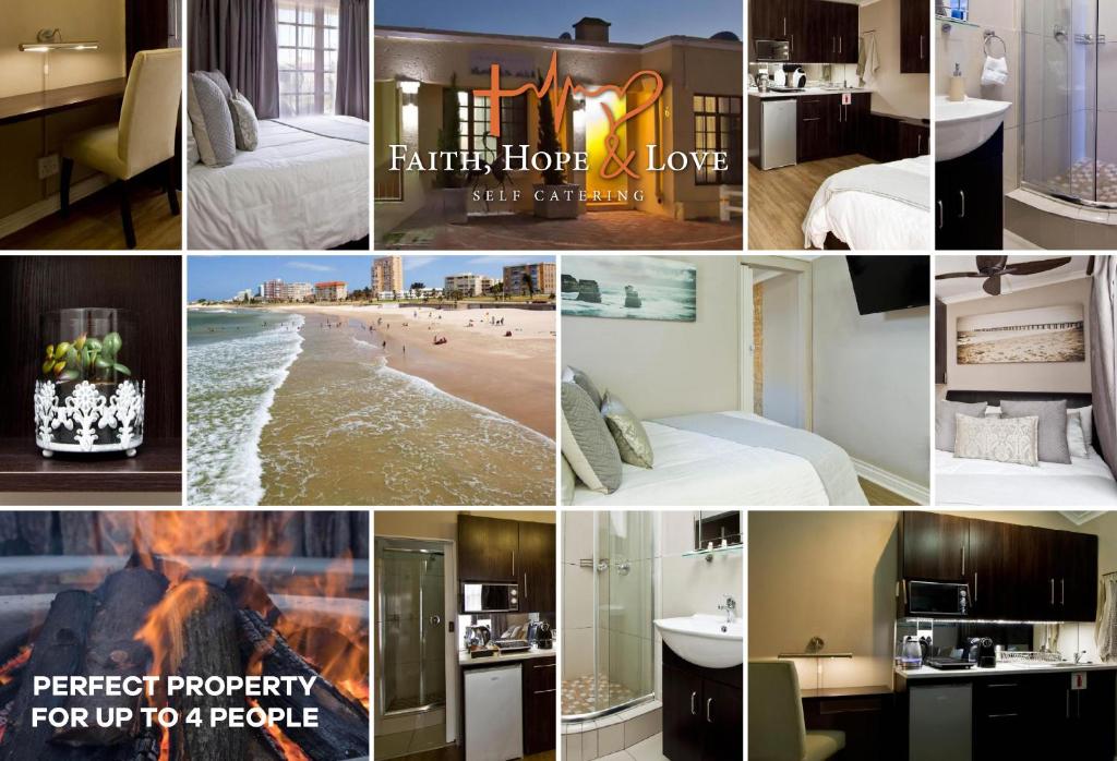 uma colagem de fotografias de um quarto de hotel em Faith, Hope & Love Self Catering em Port Elizabeth