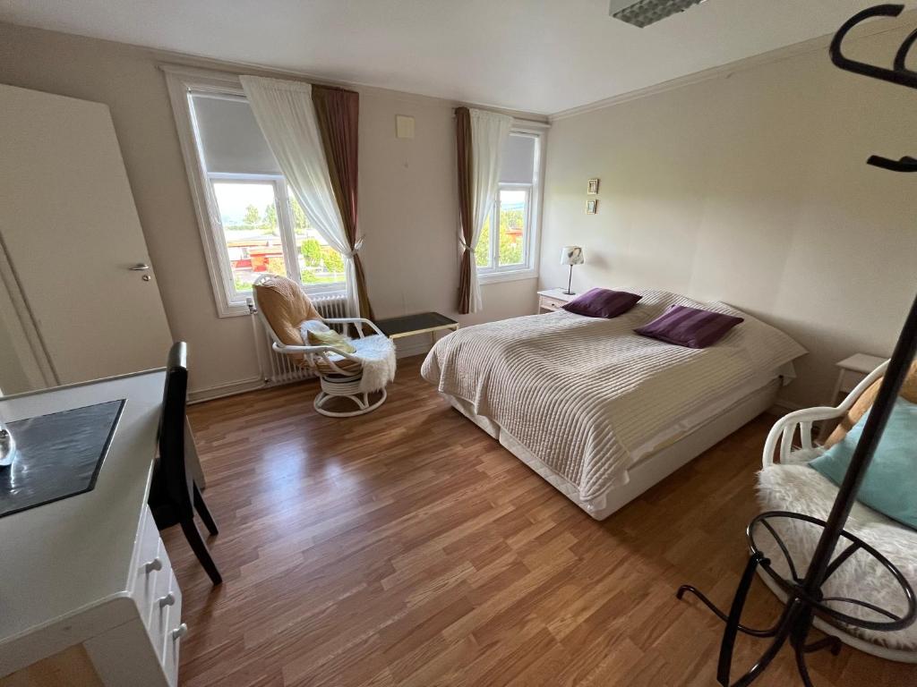 um quarto com uma cama, uma secretária e 2 janelas em Visjon Gjestegård em Hokksund