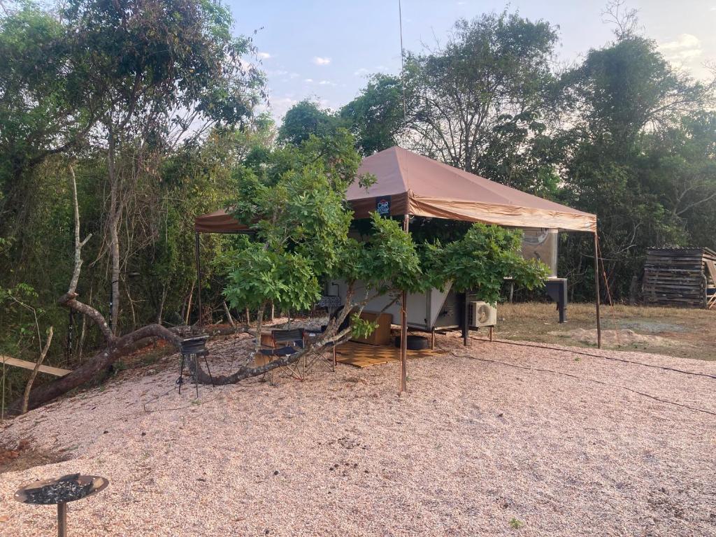 uma tenda com uma árvore em frente em Salamandra trailerhome em Pirenópolis