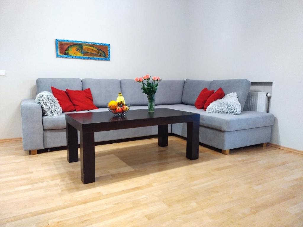 ein Wohnzimmer mit einem Sofa und einem Couchtisch in der Unterkunft Ilmarine Apartment in Tallinn