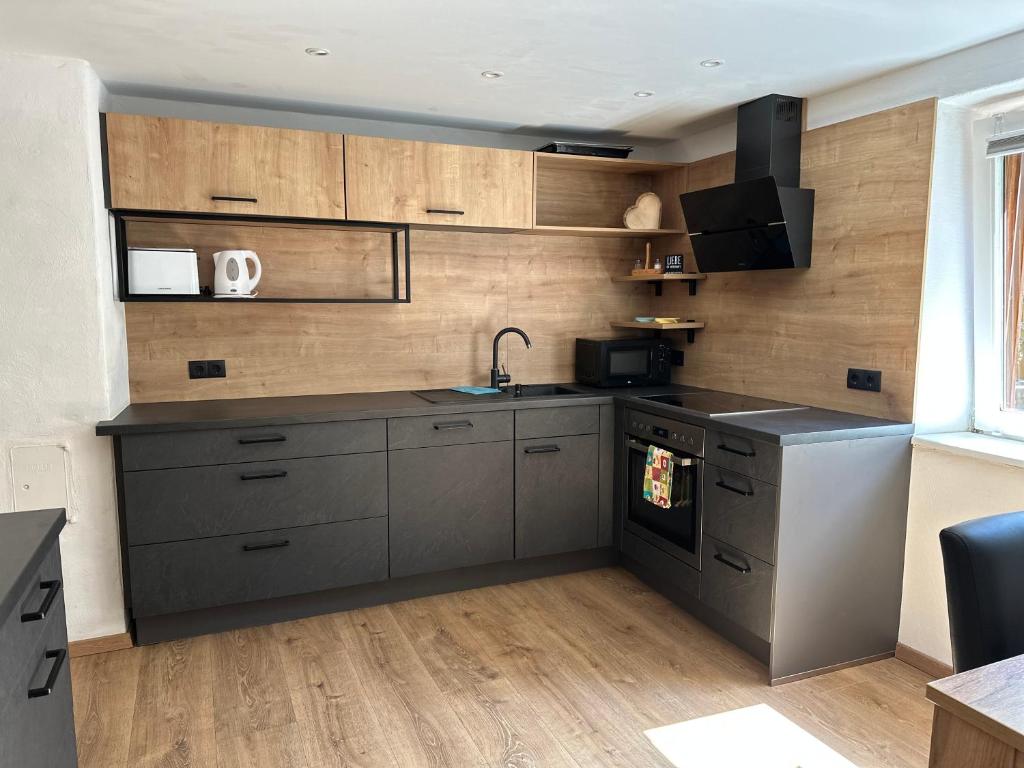 uma cozinha com armários cinzentos, um lavatório e um fogão em Appartement Anna em Niederau