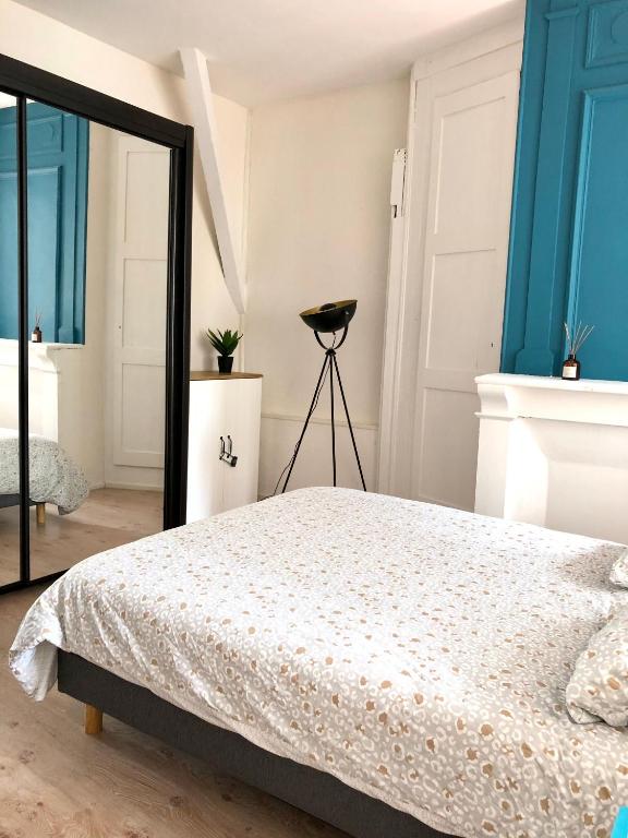 a bedroom with a bed and a mirror at L&#39;appartement du Centre in Chalons en Champagne