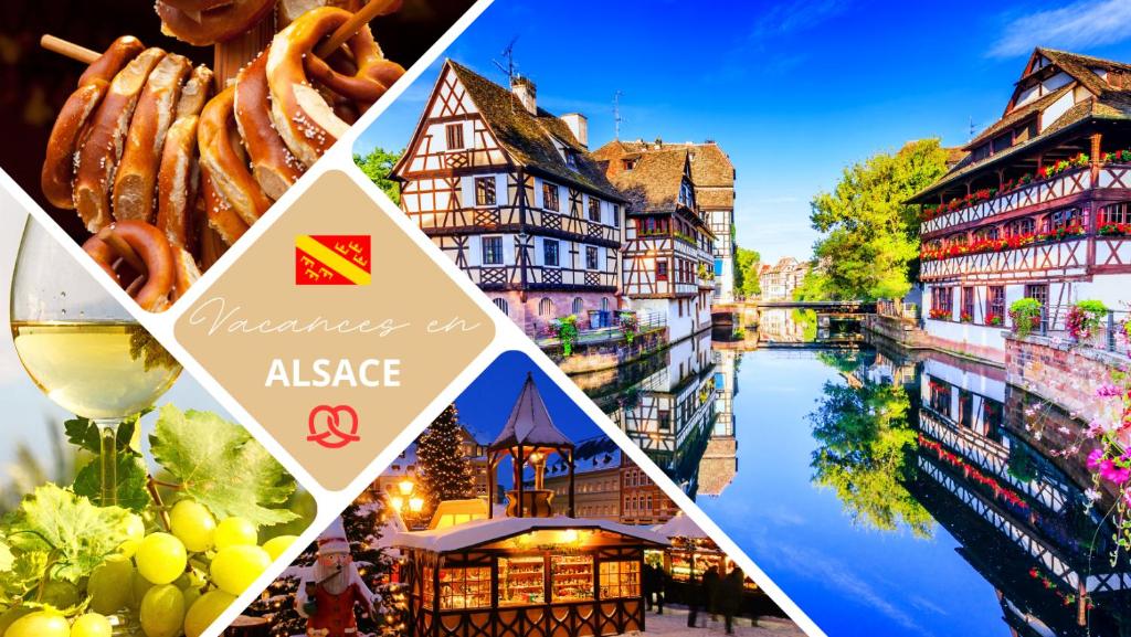 a collage of pictures of a city and a river at Gîte au coeur de l'Alsace Maison Gatsby in Staffelfelden
