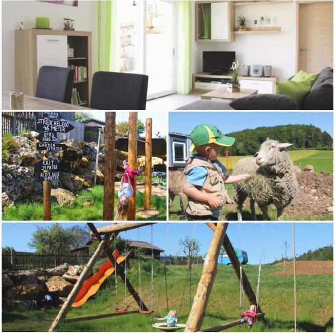 eine Sammlung von Fotos eines Hauses mit einem Kind und Tieren in der Unterkunft Wunderwelt Betzenstein familiär-ländlich-modern in Betzenstein