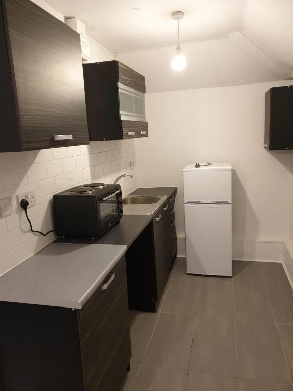 a small kitchen with a refrigerator and a sink at Studios in Ely