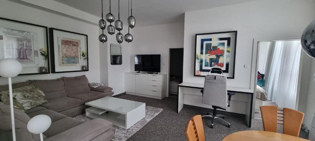 Televiisor ja/või meelelahutuskeskus majutusasutuses Apartmán A7 u Jeníčka v Chomutově