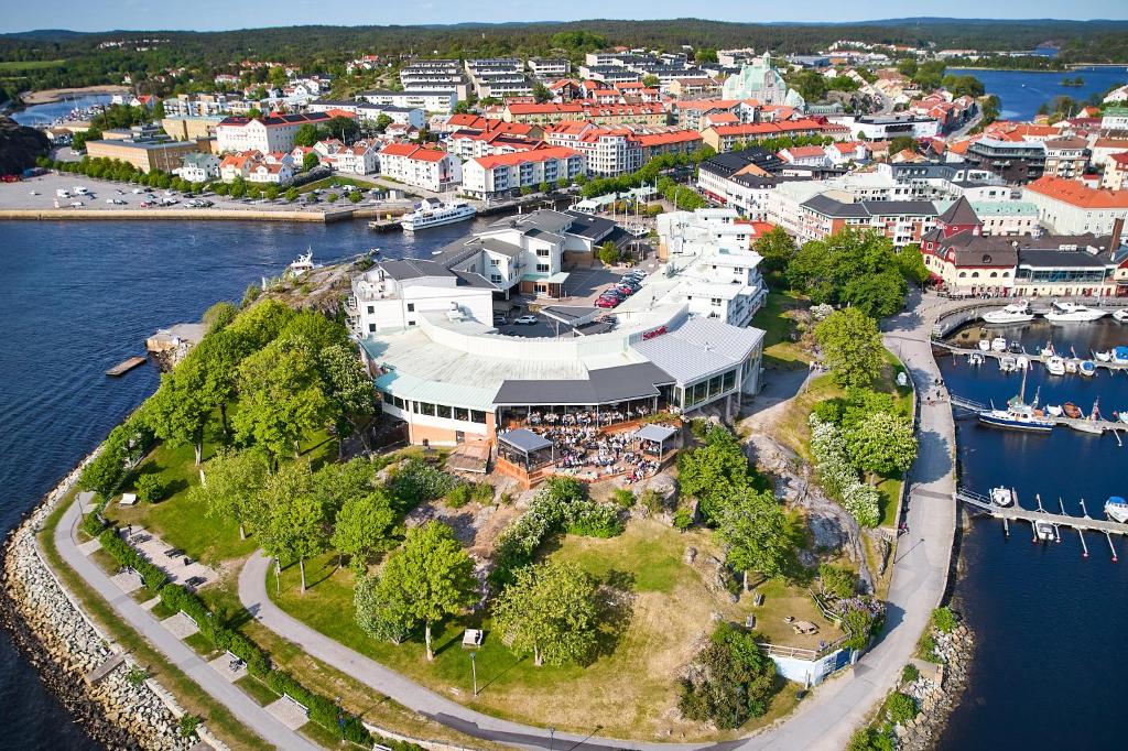an aerial view of a small island with a marina at Scandic Laholmen in Strömstad