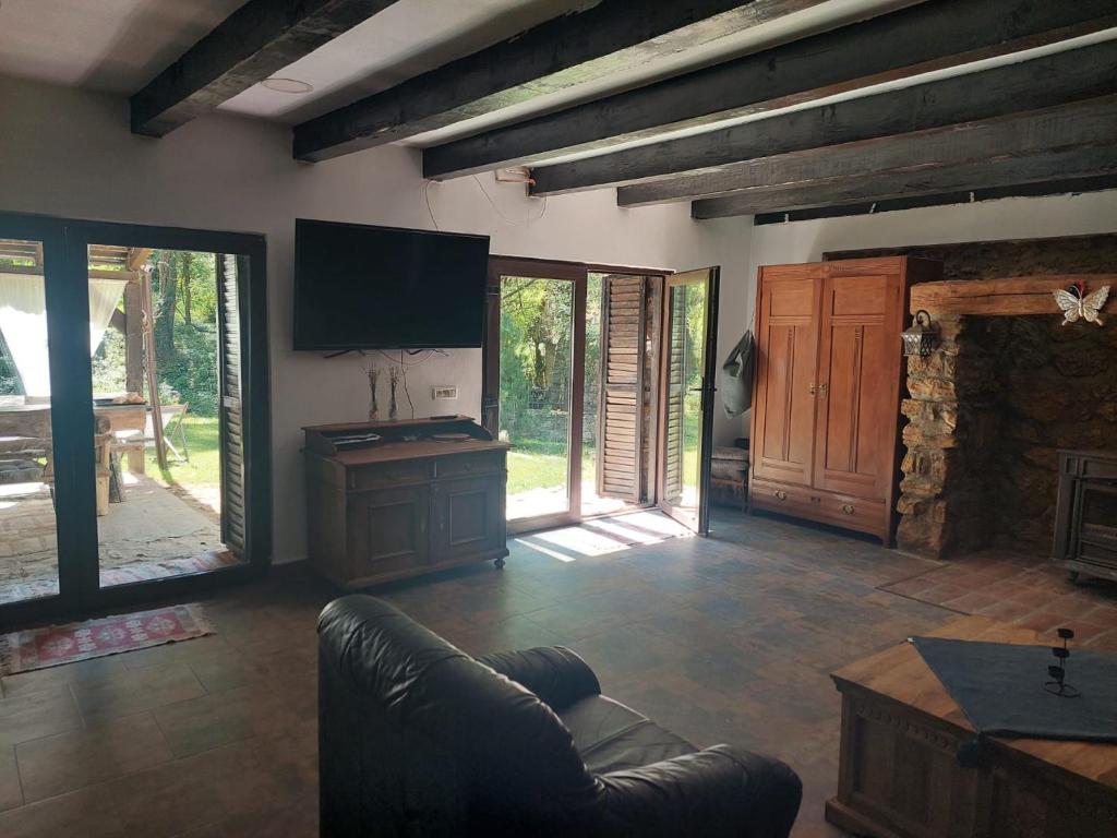 a living room with a couch and a tv at Casa de Piatra in Socolari